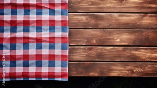 Top view of picnic tablecloth on old wooden table with copy space