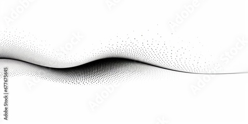 Flowing dots particles wave pattern halftone black gradient curve shape isolated on white background. in concept of technology, science, music, Generative AI