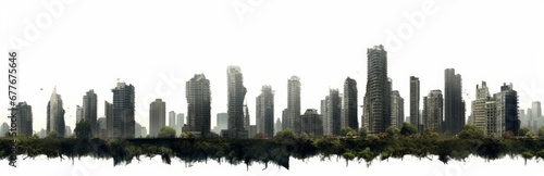 post-apocalyptic skyline, ruined skyscrapers, tall overgrown buildings isolated on white background, Generative AI
