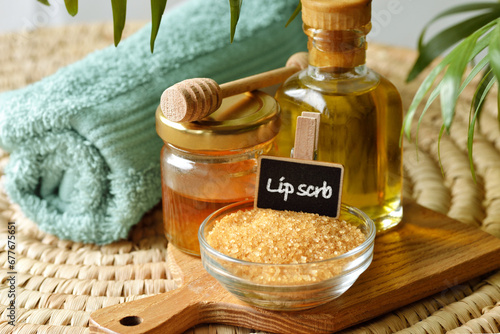 Homemade lip scrub made out of brown sugar, honey and olive oil - Natural ingredients for DIY beauty product