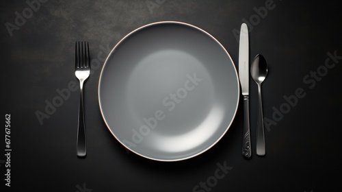 Details in the kitchen,Top view of Plate with fork and knife. Dark background.
