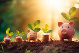 Smiling piggy banks beside a stack of gold coins, plant sprouts growth from their slots