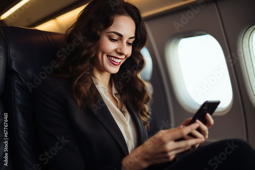 A Smiling female entrepreneur in suit using smartphone while sitting in an airplane Online communication on airplanes © LaxmiOwl
