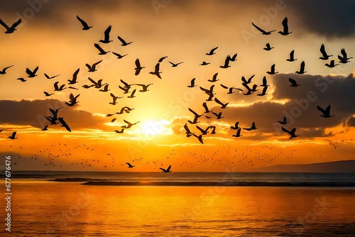 Sun shining and birds silhouettes flying sunset sky go home