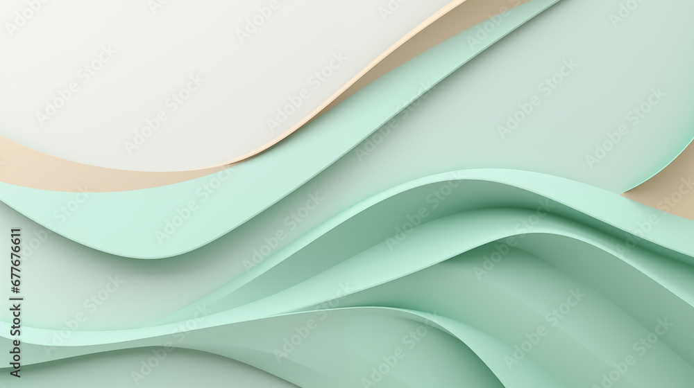Fototapeta premium Abstract Background of Voluminous, Gentle Waves in Pastel Hues, Ranging from Minty Green to Sandy Beige, Forming a Serene and Fluid Composition with a Palette of Soft Tones