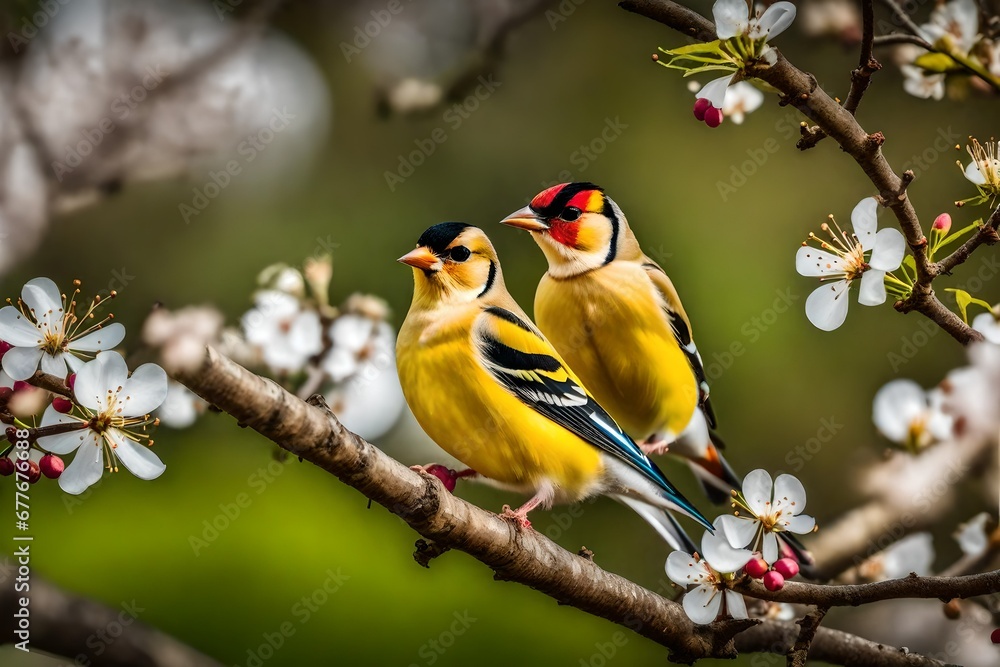 Little bird sitting on a branch of blossom apple tree. The European Goldfinch Little bird sitting on a branch of blossom apple tree. The European Goldfinch
