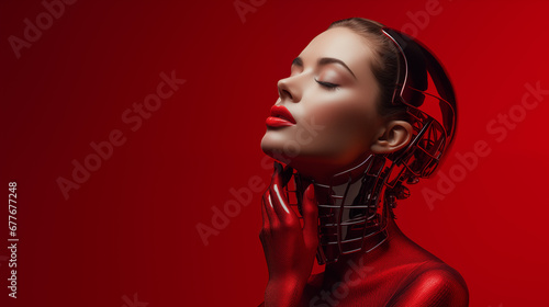 beauty portrait of a robotic woman on a red background. ai concept. copy space photo