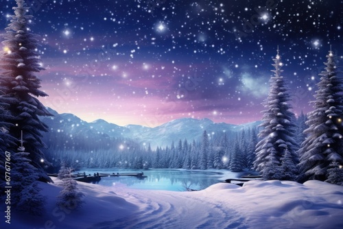 Twilight winter scenery, snowy forest with illuminated trees by frozen lake under star-filled dusk sky, tranquil wilderness.