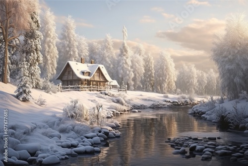 Picturesque cabin on riverbank in serene snow-covered forest setting © Postproduction