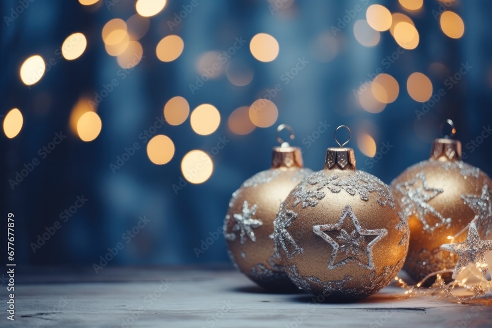 Golden Christmas baubles with star patterns, soft focus and bokeh lighting. Seasonal celebration and decoration. Golden Christmas baubles with star patterns, soft focus and bokeh lighting. Seasonal celebration and decoration.