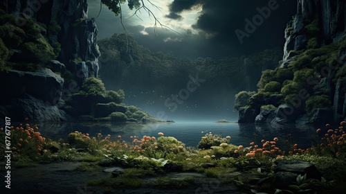 Tranquil Night Landscape with Serene Greenery and Water © tydeline