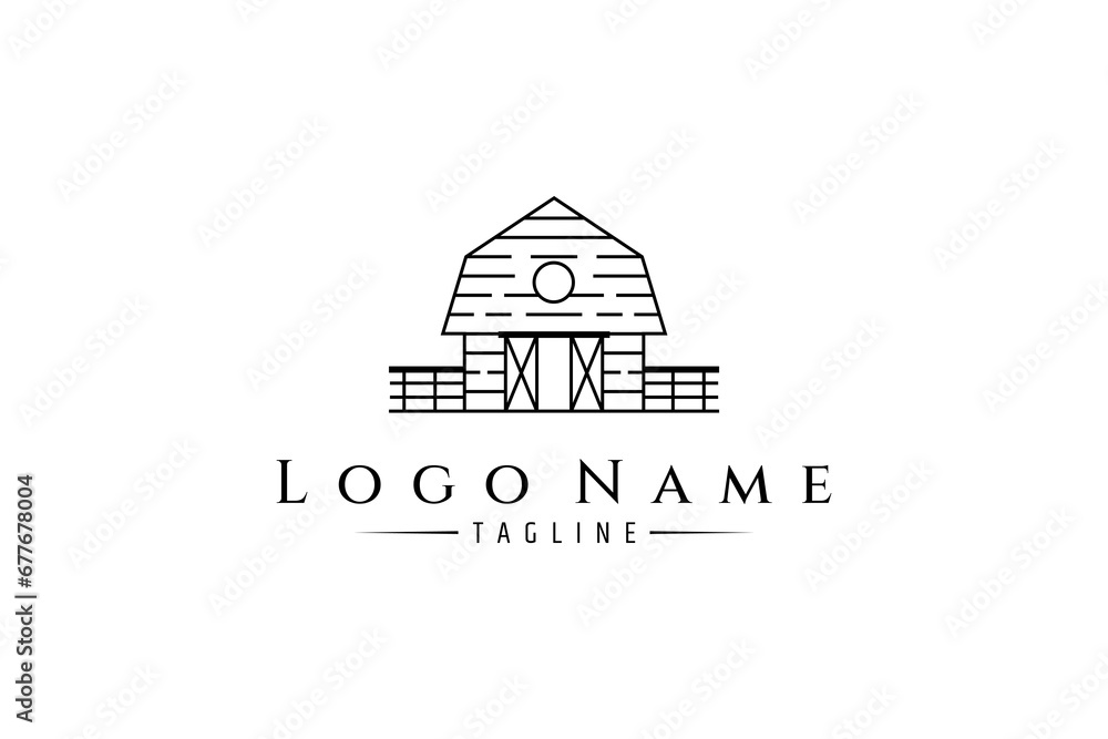 Farm barn logo, wooden farm house icon symbol in line art design style - obrazy, fototapety, plakaty 