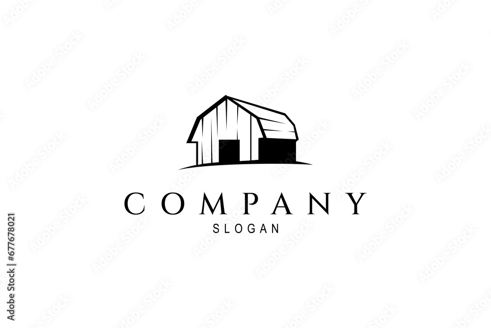 Farm barn logo in traditional rustic wooden house design style, flat vector - obrazy, fototapety, plakaty 