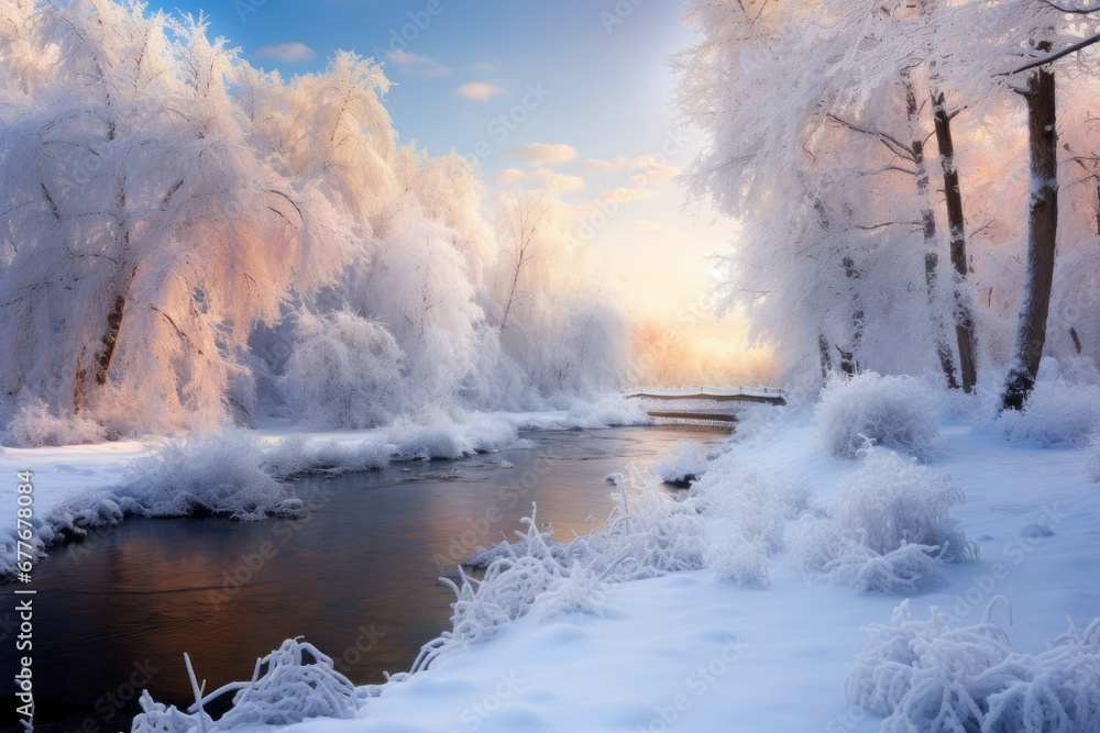 Frosty winter river scene, hoarfrost on trees, golden sunlight reflecting on water, tranquil snow-covered riverbank, peaceful cold weather landscape