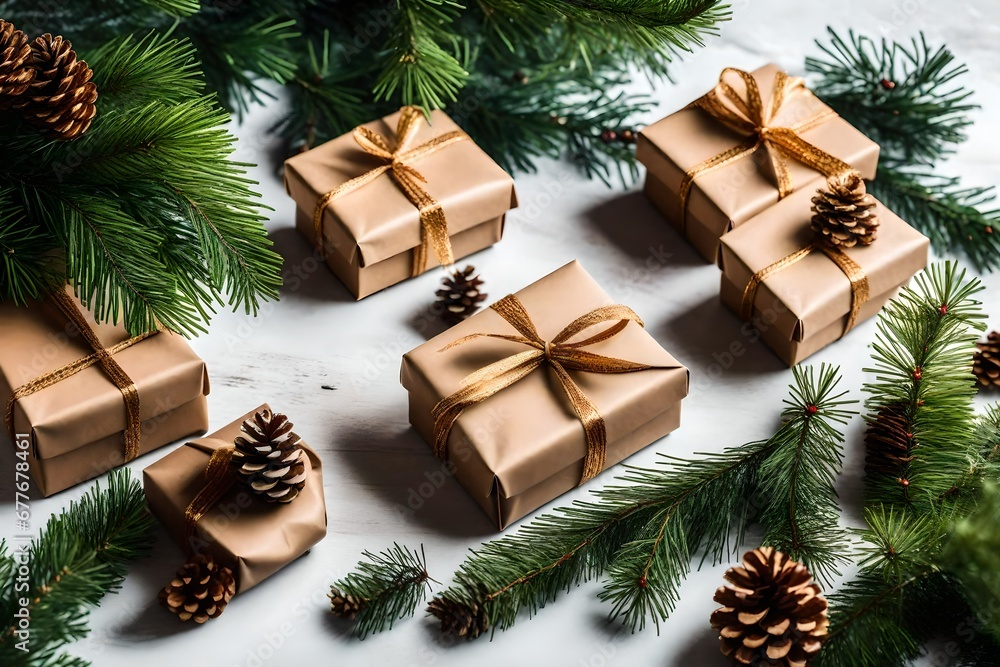 Craft gift boxes on a white background, thuja branches. Concept for Christmas holidays and DIY eco gifts. Postcard, layout. Boxing Day Craft gift boxes on a white background, thuja branches. Concept for Christmas holidays and DIY eco gifts. Postcard, layout. Boxing Day
