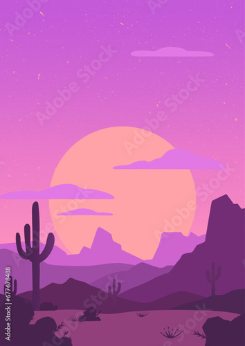 Minimalistic vertical desert landscape with cacti, mountains, plants and stars. Sunset in canyon. Hand drawn style simple shapes vector illustration. Design for poster, postcard. Retro, vintage. © Meowcher24