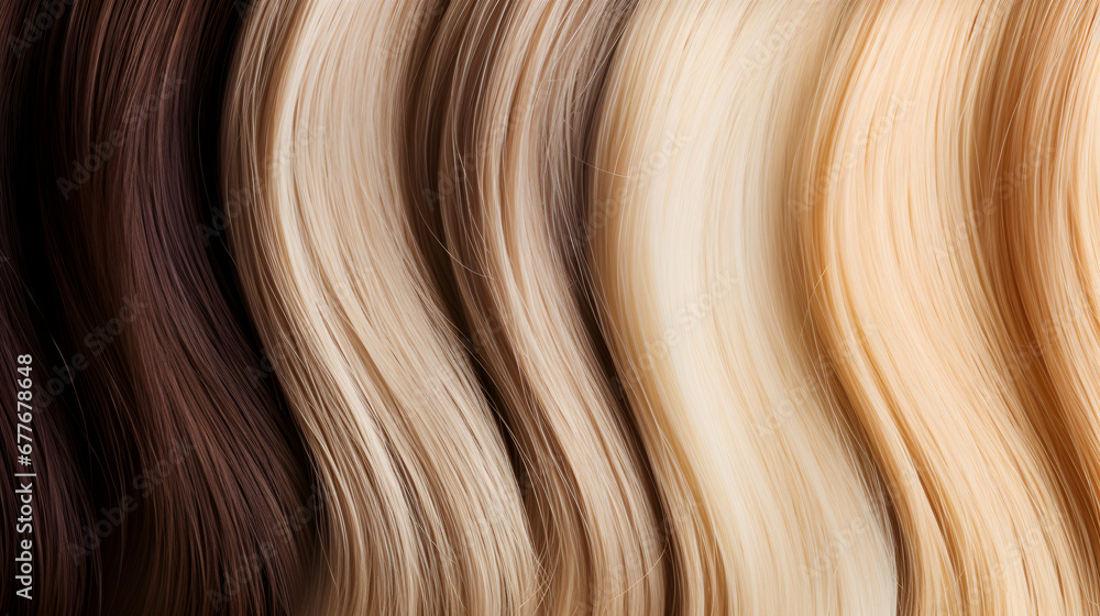 Palette of blonde hair colors in a professional hairdressing salon. Colors Palette. Close up, top view. Generative ai. Palette of blonde hair colors in a professional hairdressing salon. Colors Palette. Close up, top view. Generative ai.