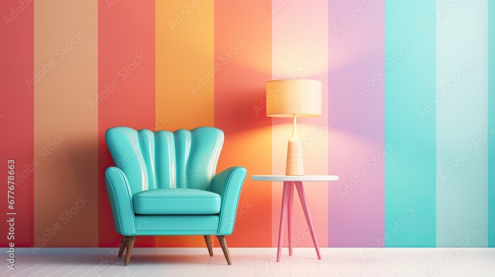 interior design with blue armchair and lamp, 3d render. Pastel multi colour vibrant groovy retro striped background wall frame, ai generative interior design with blue armchair and lamp, 3d render. Pastel multi colour vibrant groovy retro striped background wall frame, ai generative
