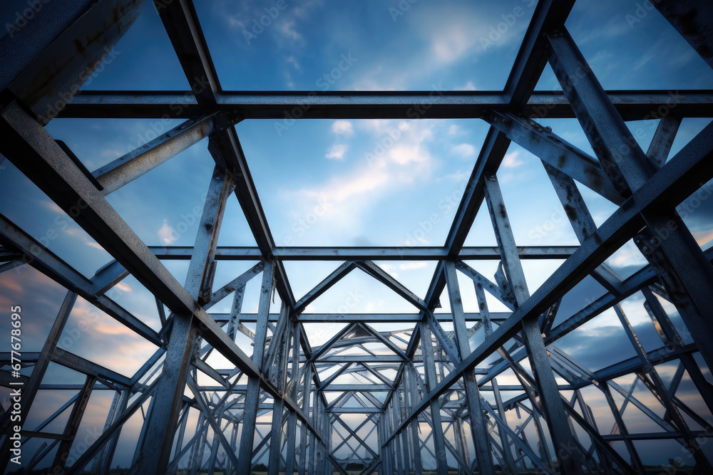 Structure of steel roof truss under the construction building with beautiful sky, site of construction. Structure of steel roof truss under the construction building with beautiful sky, site of construction.