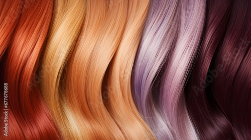 Hair Colors Palette. Close-up, top view of colorful professional dyes in hair salon. Generative AI. photo