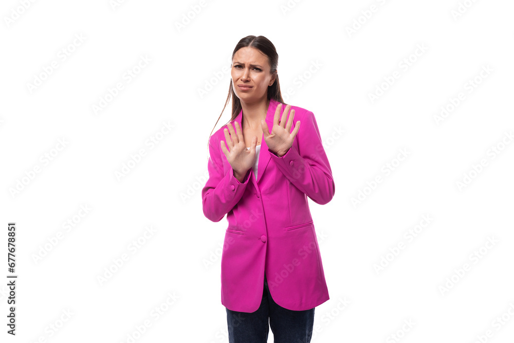 young slender office worker woman with black hair dressed in a crimson jacket shows a gesture of disagreement young slender office worker woman with black hair dressed in a crimson jacket shows a gesture of disagreement