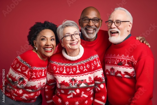 diverse group friendship old senior wear ornament sweaters arms isolated red color background