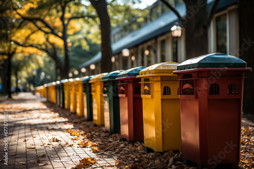 Colorful trash bins in a row in an urban park in autumn