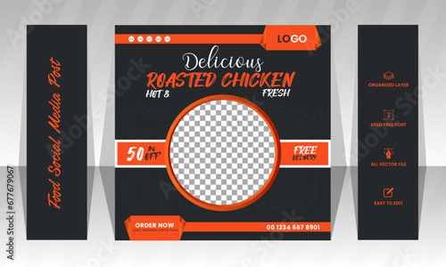 roasted chicken Food social media banner design template. instagram fast food menu social media post vector illustration.