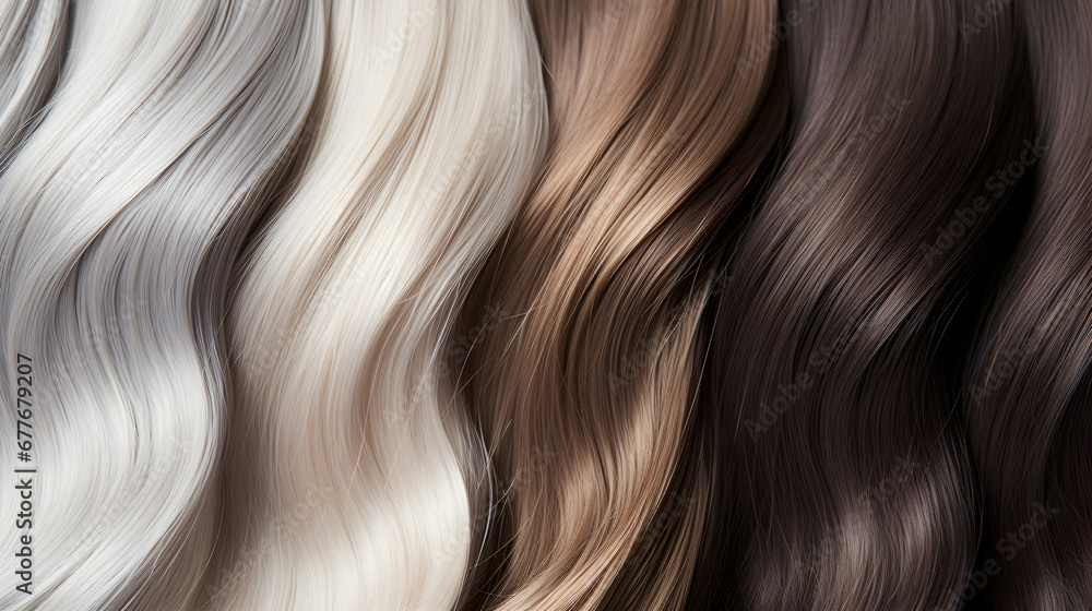 Natural hair colour palette from silver to brunette. Close-up, top view, generative ai - obrazy, fototapety, plakaty 