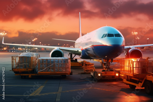 Commercial cargo air freight airplane loaded at airport in background of beutiful sunset. Transport concept of distribution and logistics.