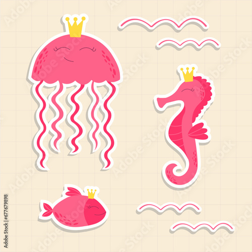 Cute sea animals. Vector stickers with jellyfish, seahorse and fish in flat style in pink color