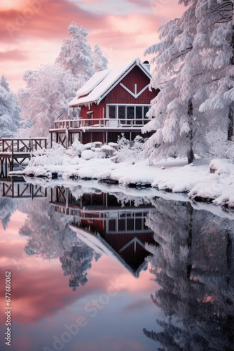 House by the lake  beautiful winter atmosphere  Christmas holidays