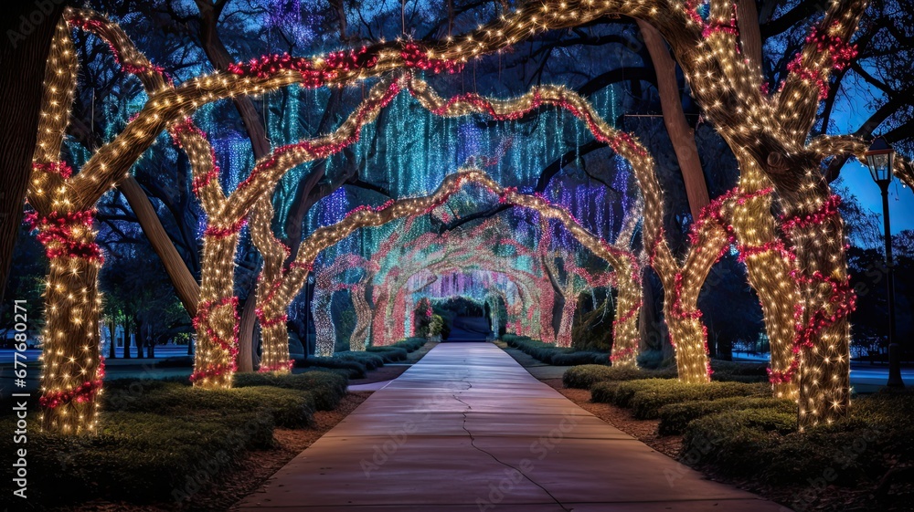 Obraz premium Elaborate and creative Christmas light displays in public areas and parks, attracting families and tourists during the holiday season