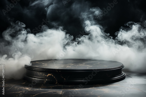 Empty black marble table podium with black stone floor in dark background with smoke. High quality photo.