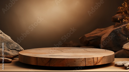 Empty round platform podium for cosmetics or products. With stones on brown background. Minimalistic background with natural materials, scandinavic style. Front view. photo