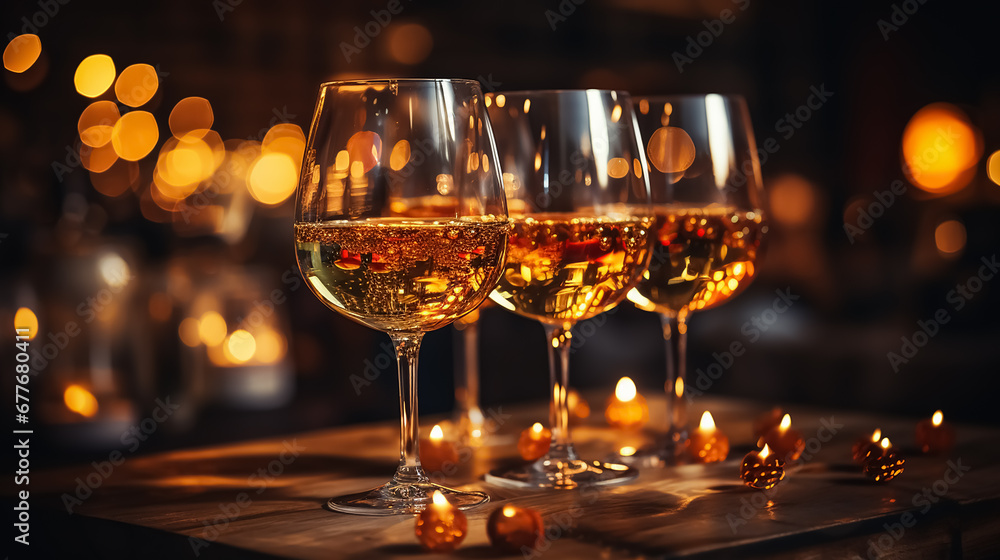 People celebrating, making toasts with wine and champagne glasses at a party. A lot of friends enjoy a warm evening indoors. Close up photo.