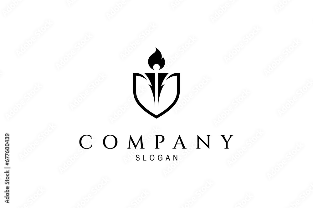 Torch logo with shield shape combination in flat design Torch logo with shield shape combination in flat design