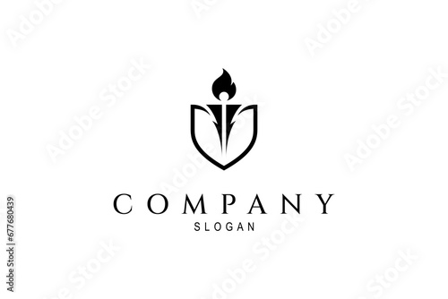 Torch logo with shield shape combination in flat design