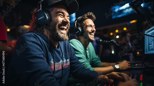 Two college podcasters laughing and having a good time in a studio. Two happy young men co-hosting a live audio broadcast. Two male content creators recording an internet podcast. 