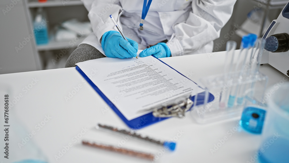 Inside the buzz of the lab, hands of dedicated woman scientist working diligently, taking critical notes amid medical research experiment in indoor science laboratory. Inside the buzz of the lab, hands of dedicated woman scientist working diligently, taking critical notes amid medical research experiment in indoor science laboratory.