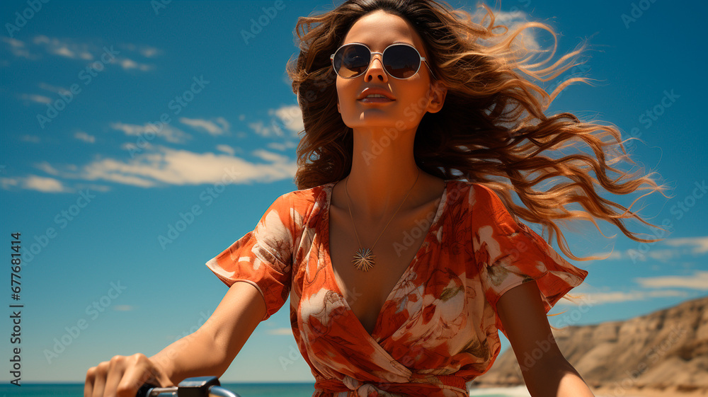 beautiful woman on a bicycle in the desert