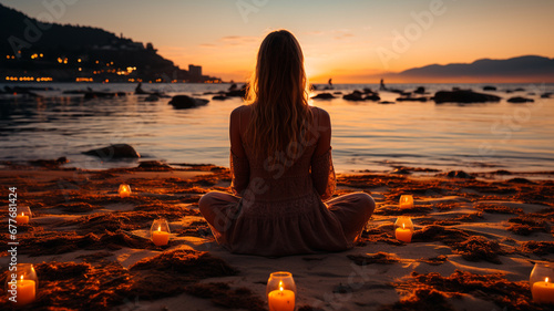 woman in a dress sits on a rock on the seashore in the evening