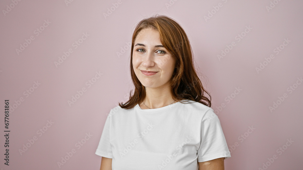 Young woman smiling confident standing over isolated pink background Young woman smiling confident standing over isolated pink background