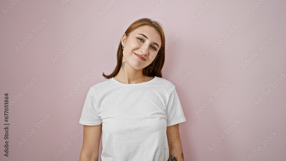 Young woman smiling confident standing over isolated pink background Young woman smiling confident standing over isolated pink background
