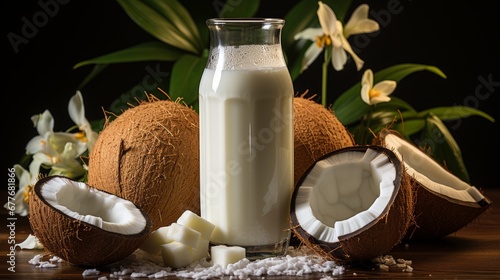 Artistic depiction of a bottle of coconut milk and coconut. AI generate illustration