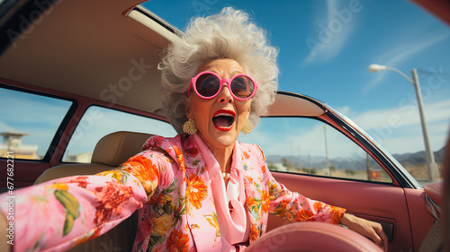 senior lady in sunglasses sitting near car