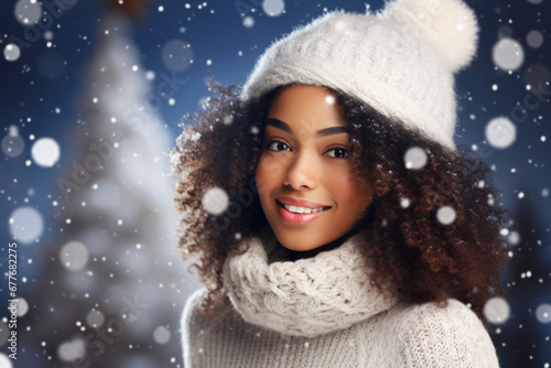 Festive Winter Elegance: Beautiful African American Woman in Knitted Outfit Standing in Snowfall