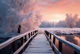 Winter landscape at dawn with frozen trees and close-up of a wooden bridge going into the park