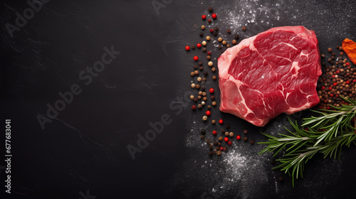 Red meat steaks, fresh raw beef steaks on dark counter table, top view, text copy space, view from above, spices, herbs, seasoning for cooking, grilling on black wooden background. Generative AI