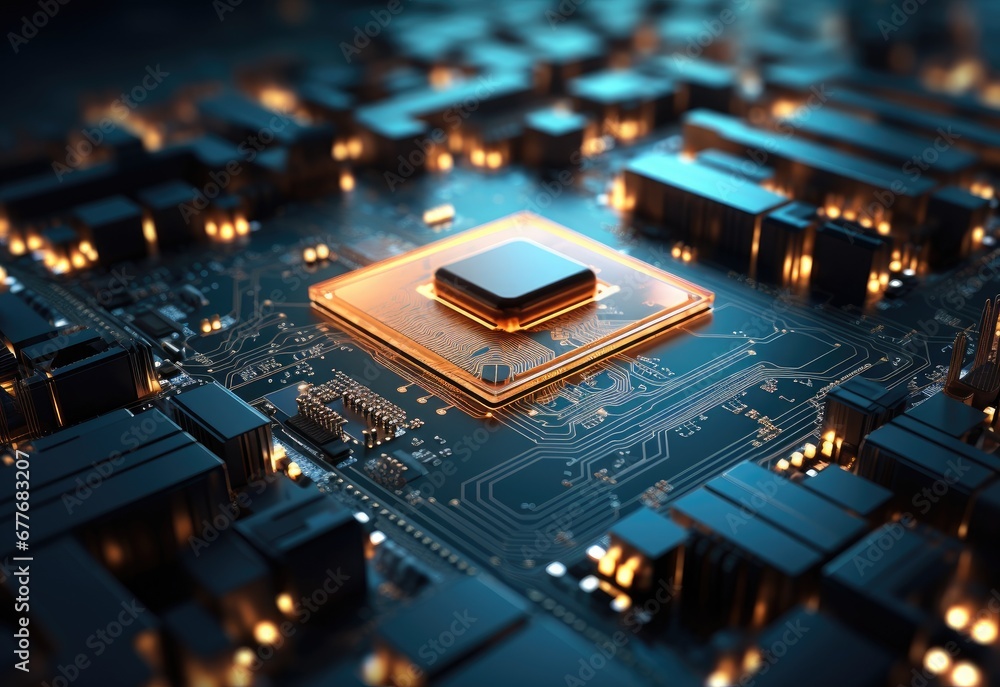 Computer chip in the middle of a motherboard circuitry, created with AI Computer chip in the middle of a motherboard circuitry, created with AI